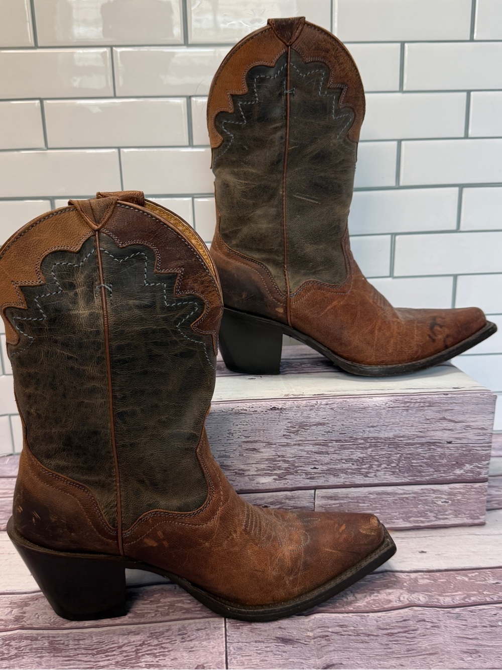 J.B. Dillon women's distressed goat leather brown western cowgirl boots size 6.5 - Picture 2 of 9